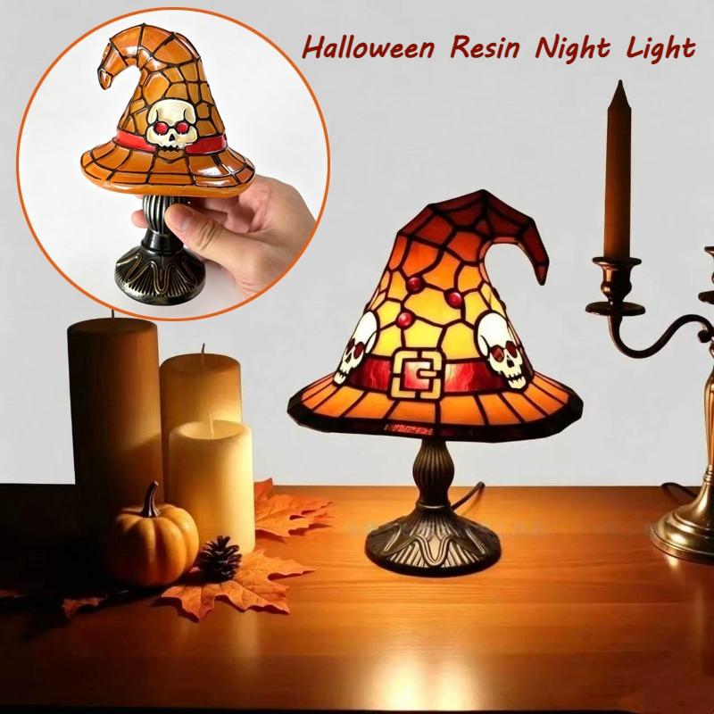 Halloween Stained Resin Witch Hat Lamp USB Powered Creative Table Lamp Night Light For Living Room Home Bedroom Decorations