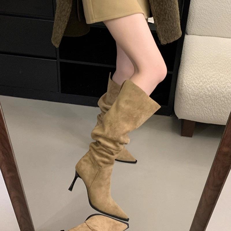 Over-the-knee Boots for Women, Two Wearing Large Tube Circumference, New Suede Pointed Stiletto High Heel Pleated Piled Boots In Autumn and Winter 20