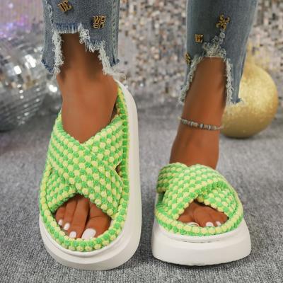 Mode Damen Baumwollpantoffeln Neu Winter Weich Lässig Hauspantoffeln Offene Zehenpartie Überkreuzband Indoor-Sandalen Rutschfest Indoor-Plateaupantoffeln