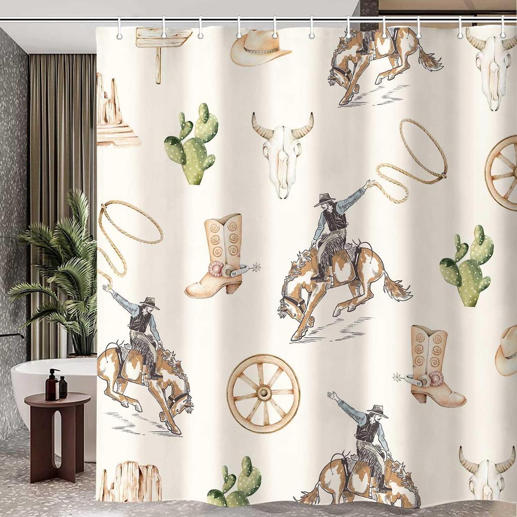 Western Cowboy Shower Curtain, Wild West Cowboy Ride Horse Cactus Bath Curtains, Farmhouse Country American West Theme Bathroom