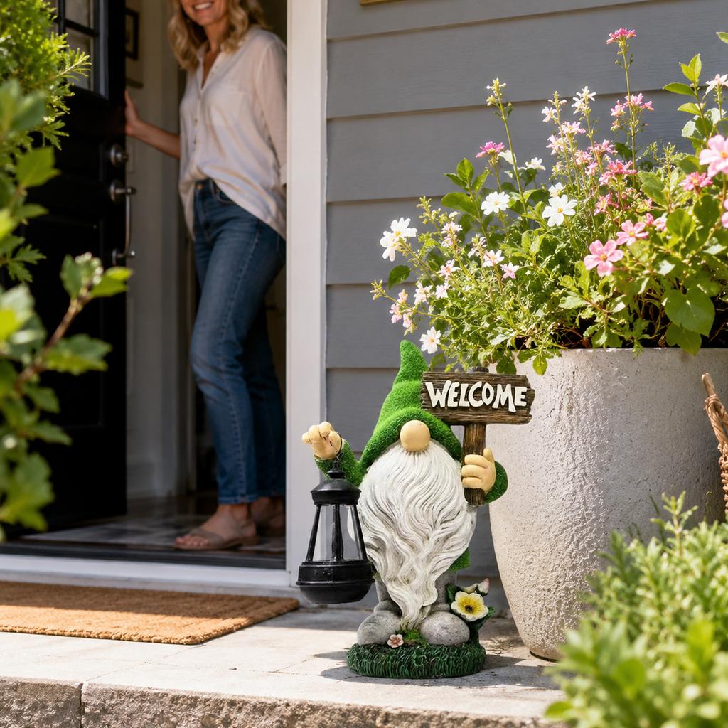 Powered Garden Gnome Decoration, Outdoor Panel Statue for Patio Yard