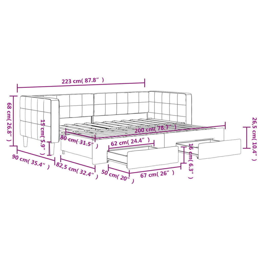 2 In 1 Pull Out Daybed with Drawers Light Grey 80x200 Cm Velvet
