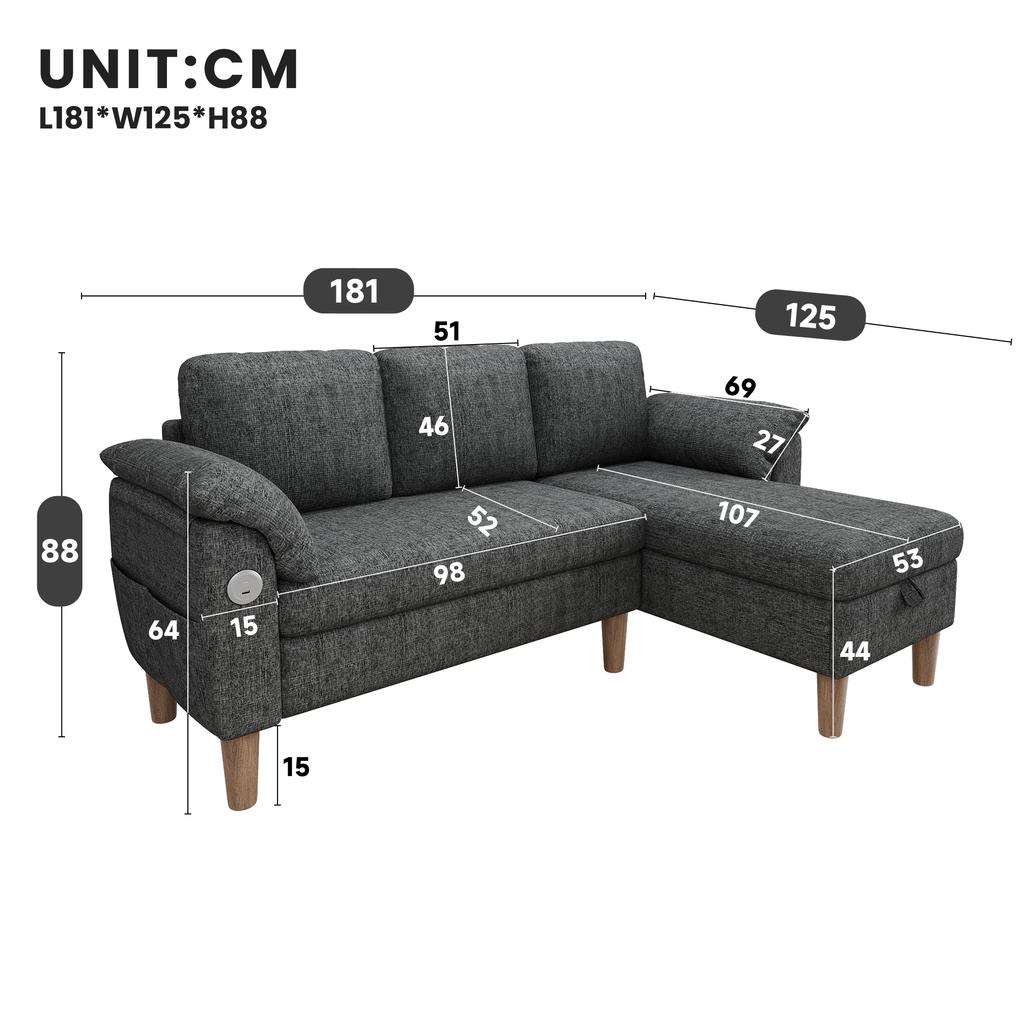 L-Shaped Corner Sofa, 3-Seater with Storage Chaise Longue, Left/Right Assembly, USB/Type-C Port, Pocket, Armrest Cushions, Chenille Fabric,Grey