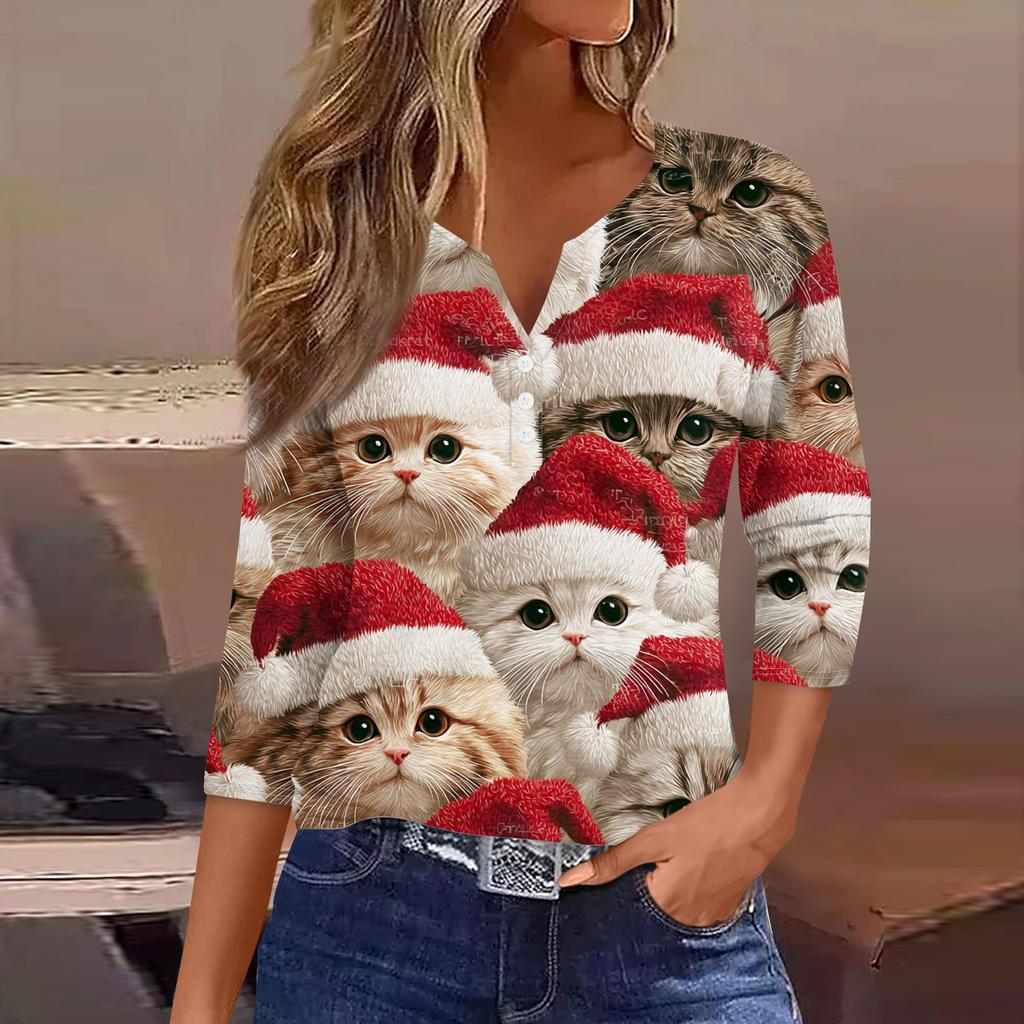 Damenmode Lässig Halloween Bedruckt V-Ausschnitt Kurzarm Zierknopf Dreiviertelarm T-Shirt Top