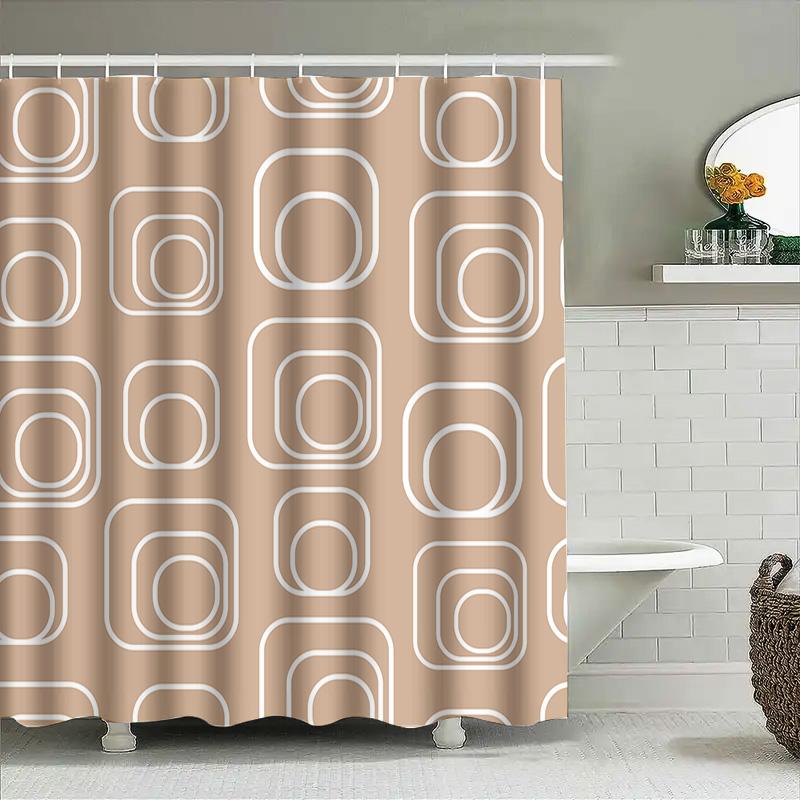 Modern Square Print Shower Curtain With White Rings For Bathroom Decor Beige Color (#2)