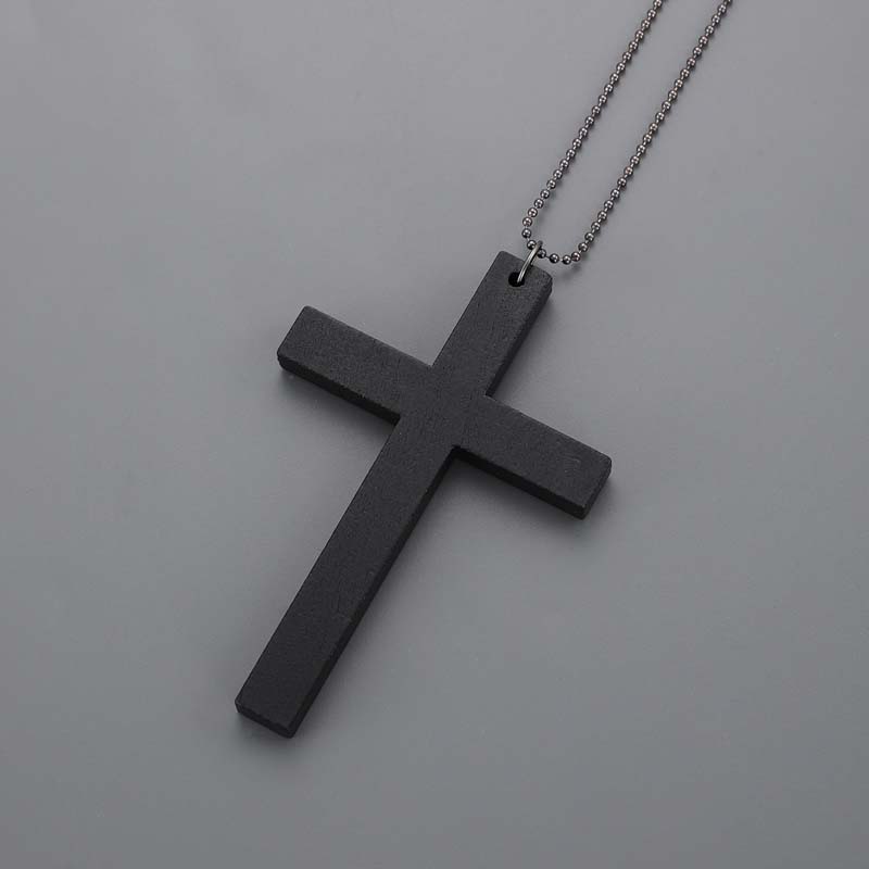 Punk Wood Cross Pendant Necklace for Women Men Vintage Hip Hop Red Big Cross Beaded Sweater Chain Necklace Y2K Halloween Jewelry