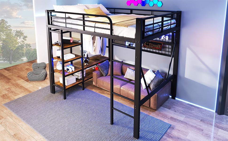 Loft Bed, 140 X 200 Cm, Iron Frame, Storage Compartment, Net for Hanging, Clothes Rail, Open Space Under Bed, LED Light Strip, Without Mattress, Black