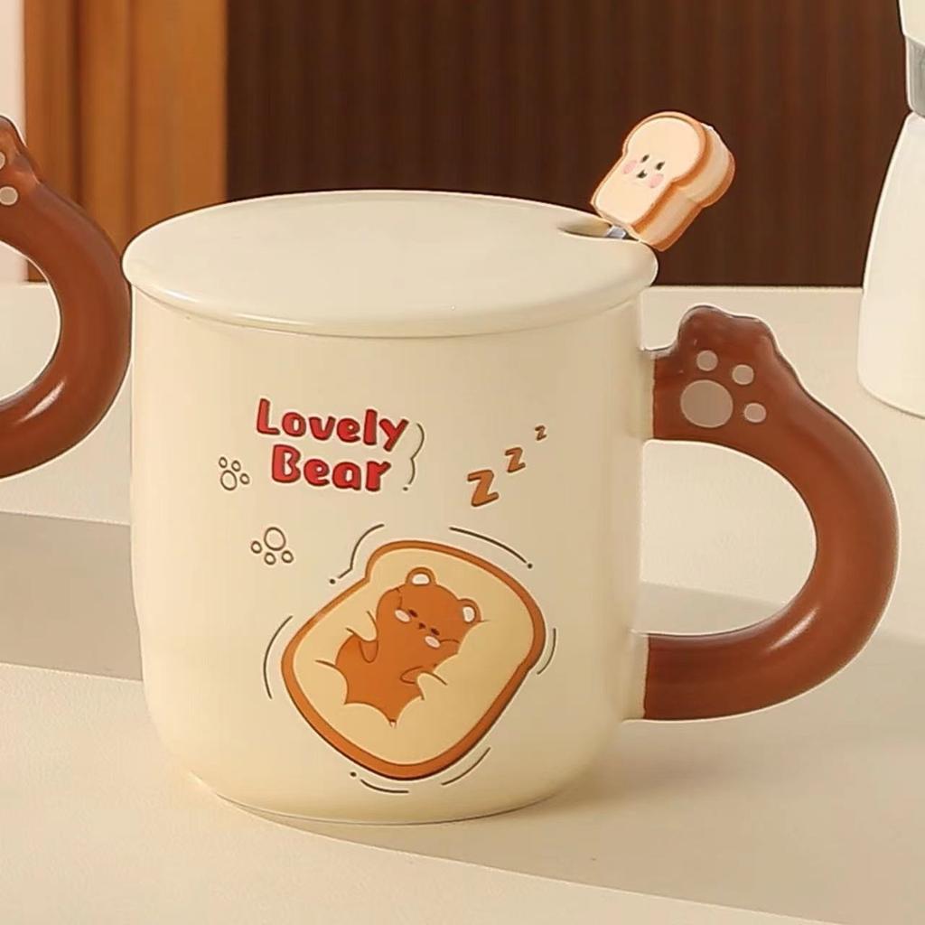 Keramické hrnky Milk Fufu Roztomilé hrnky s medvědem z chleba Hrnky na kávu a mléko pro pár do kanceláře i domů Lžíce s víčkem