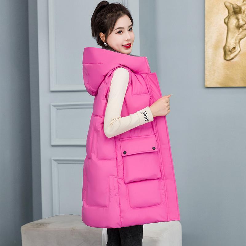 New medium and long cotton jacket down cotton vest autumn and winter women's vest loose hooded big pocket vest jacket
