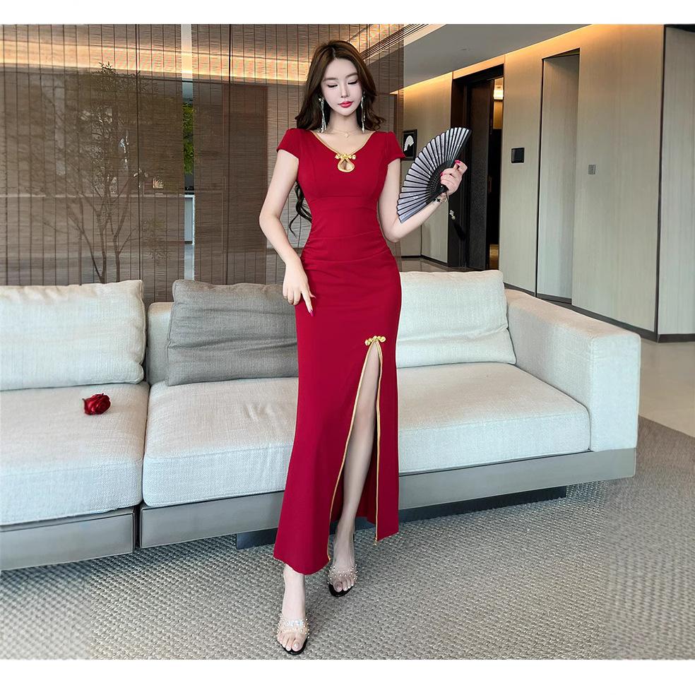 Improved Cheongsam Split-ended Long Dress Low-cut and Thin Foot Sauna Sexy Dress Work Dress