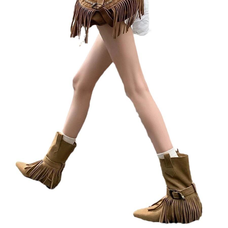 Niche two-wear design sense fringed pointed Martin boots western cow boots women's autumn and winter mid-boots flat-bottomed short boots