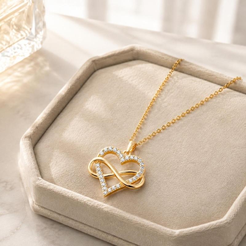 Zircon Heart Pendant Necklace with Smooth Figure-Eight Form, Polished Alloy Construction Neckchain, and Electroplated Finish