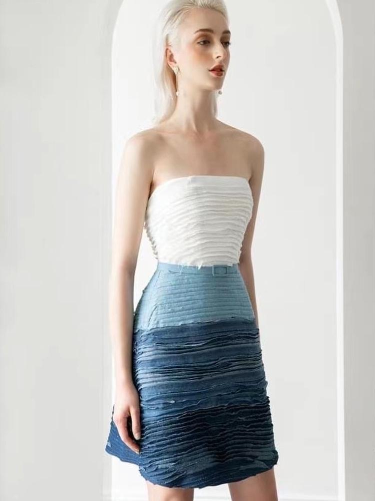 Designer Denim Gradient Blue Tube Top Dress - Style 22238