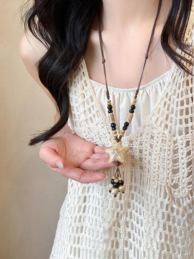 Böhmische Seestern-Halskette: Bunte Perlenkeramik Ethno-Stil mit gewebter Kordel für Damen