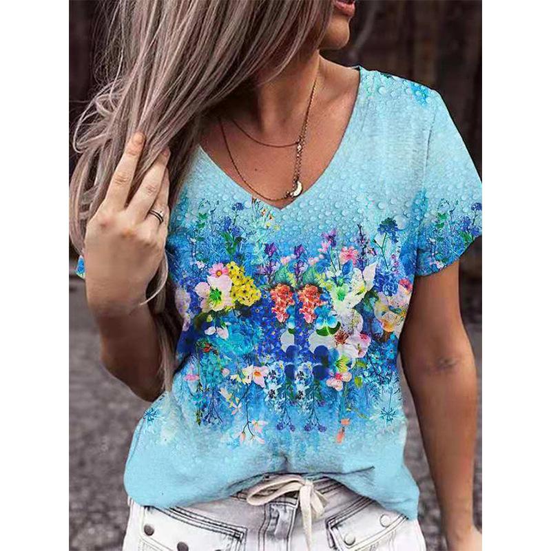 DAFIFY Camisetas y tops con cuello en V de manga corta con estampado de flores informales de verano a la moda para mujer