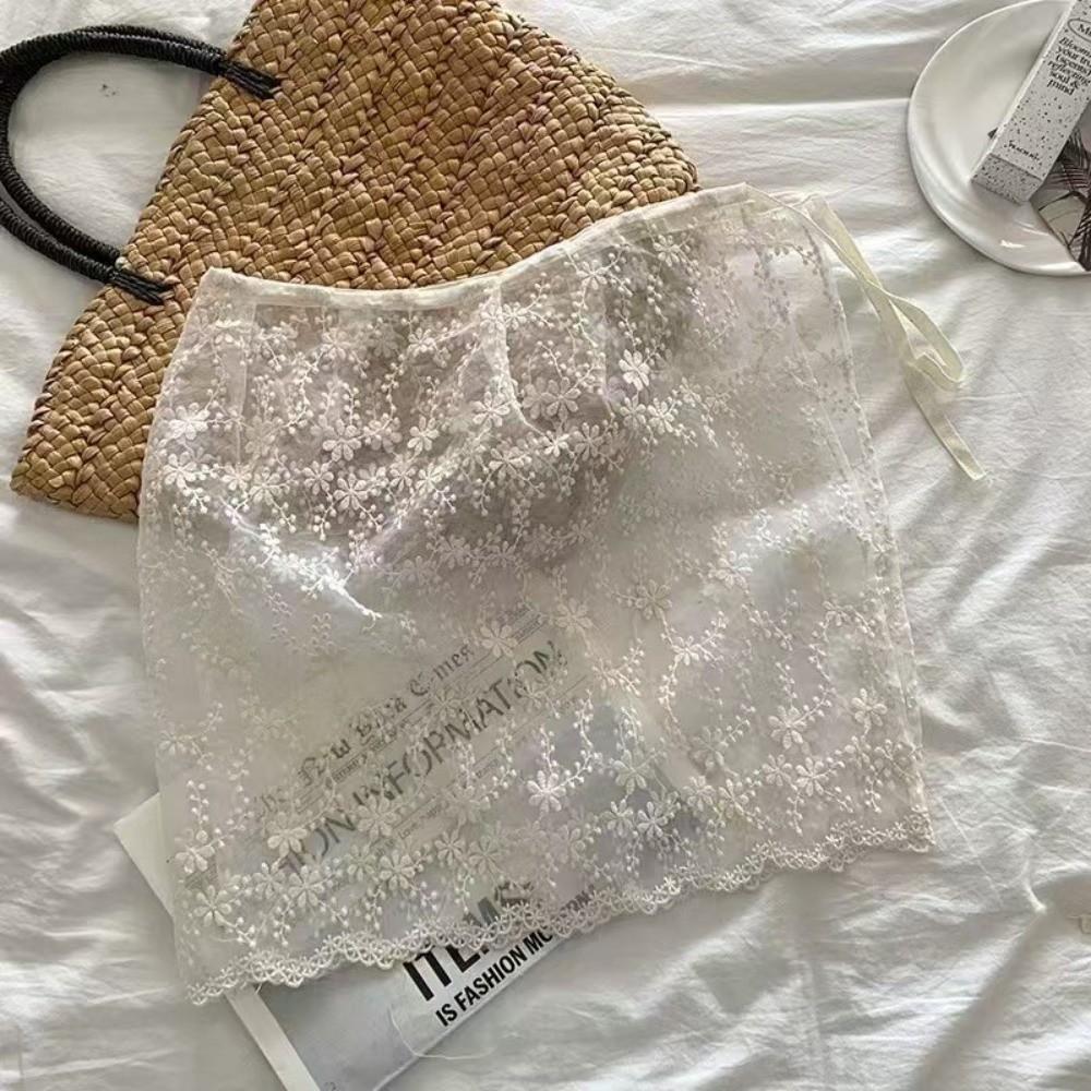 JEANS Decor Lace Fart Curtain Slim Fit Sheer Embroidery Flower Lace Half Skirt Sweet Side Button See Through Apron Skirt Y2K