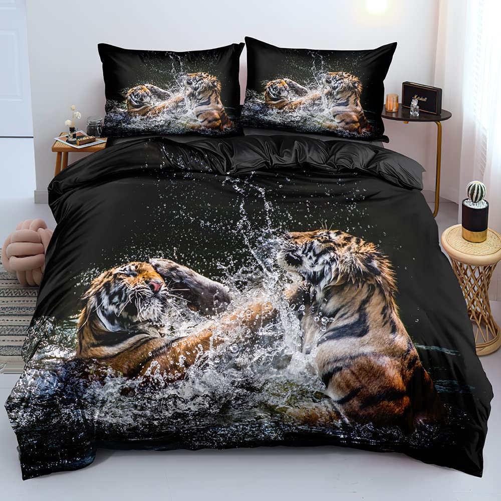 Tiger Duvet Cover Set King Size 3D White Tiger Bedding Sets Wild Animals Pattern Comforter Cover Set For Boys Girls Quilt Cover