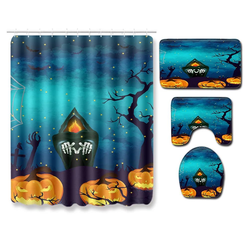 4-piece Set of Halloween Pumpkin Ghost Printed Waterproof Shower Curtain with Hooks, Bathroom Floor Mat, U-shaped Mat