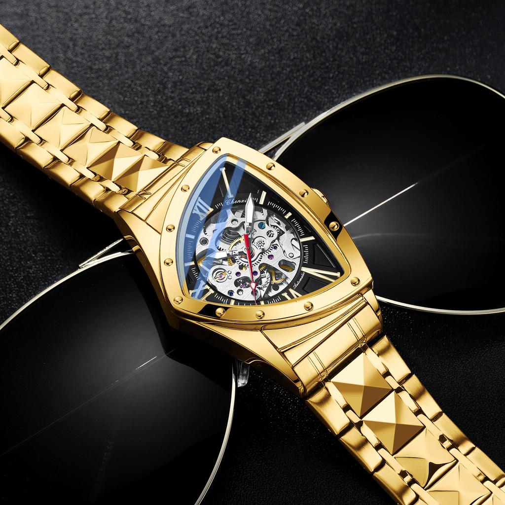 Automatic Man Watch Luxury Stainless Steel Triangle Dial Mechanical Wristwatches Skeleton Waterproof Luminous Watch
