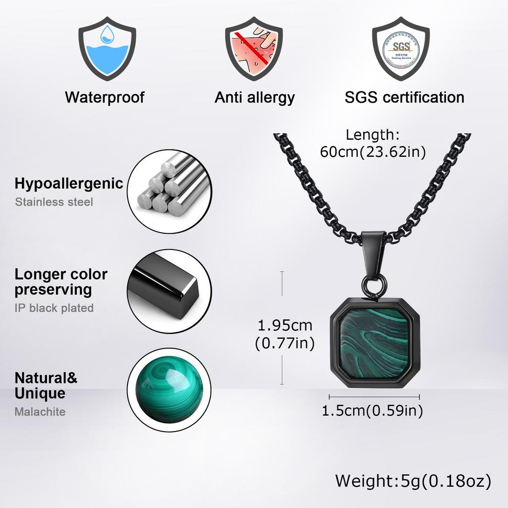 Trendy Green Square Natural Stone Necklace for Men,Stainless Steel Malachite Pendant Necklace,Minimalist Gifts for Husband Dad