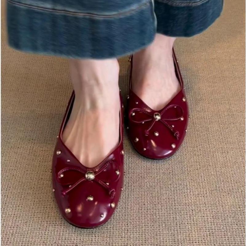 Round Toe Ballet Flats Shoes for Women with Bow 2025 Burgundy Wine White Black