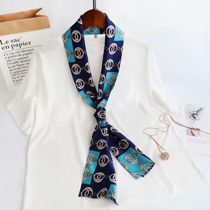 Luxury Silk Long Scarf Women Bag Handle Ribbon Ladies Plaid Print Headband Small Hair Scarves Band Female Handkerchief
