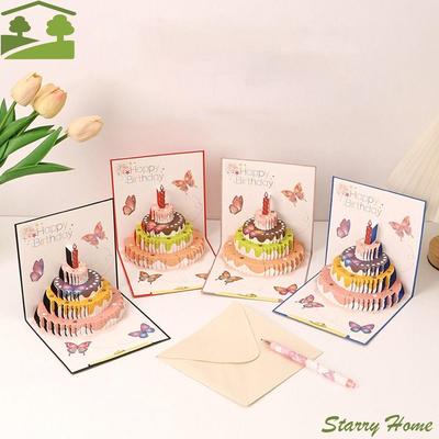Gifts 3D Happy Birthday Greeting Card Pop Up Warm Butterfly Cake Card Three-dimensional Colorful Birthday Cake Message Card Kids