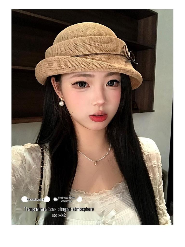 French Hepburn-Style Bowknot Women's Elegance: Rolled Brim Formal Bucket Hat