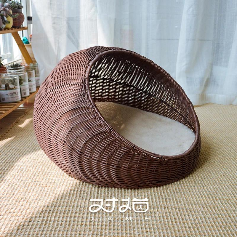 Large Semi-Enclosed Kitten Bed Handmade Rattan Woven Cat Litter Comfort Breathable Pet House Metal Frame Cat's Supplies