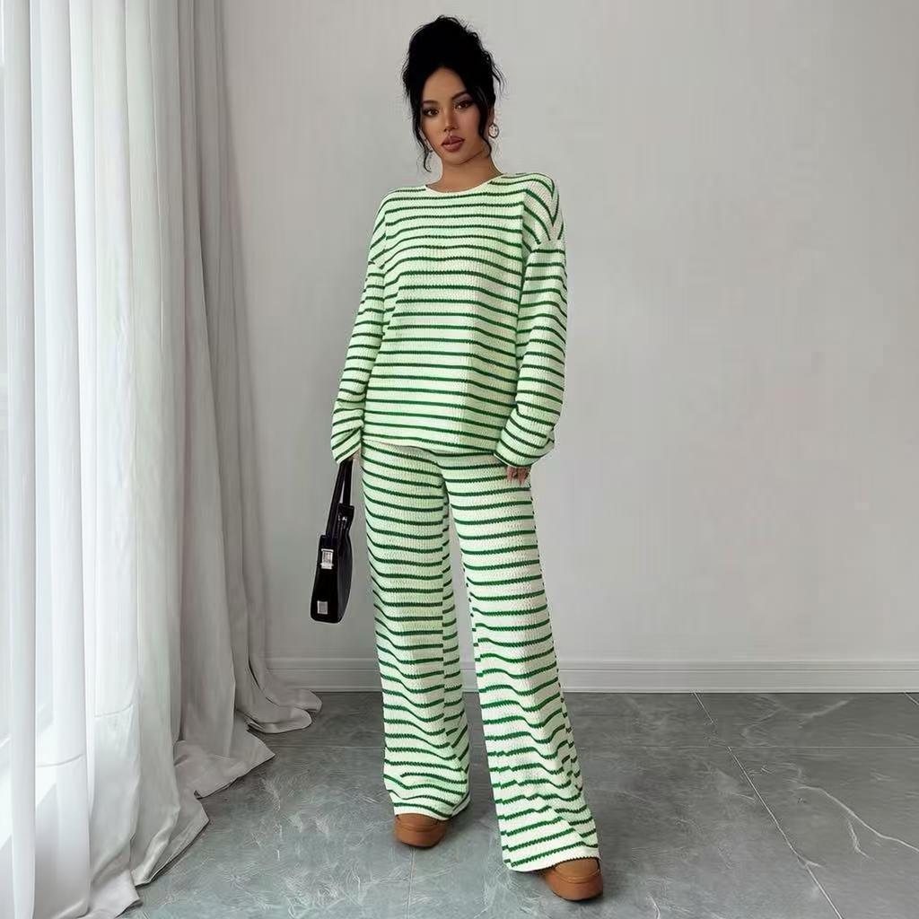 Women's Striped Casual Long Sleeve Top and Wide Leg Pants Set for Fall Winter