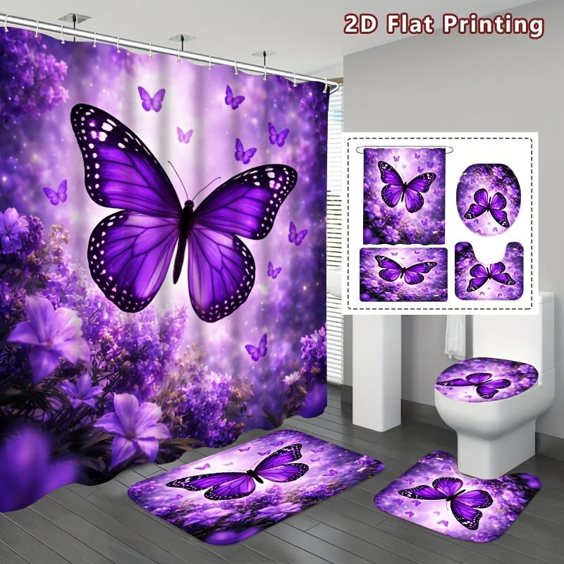 4Pcs Purple Butterfly Shower Curtain Set with Non-Slip Bath Mat, Toilet Lid Cover, Contour Rug & 12 Hooks, Bathroom Decor