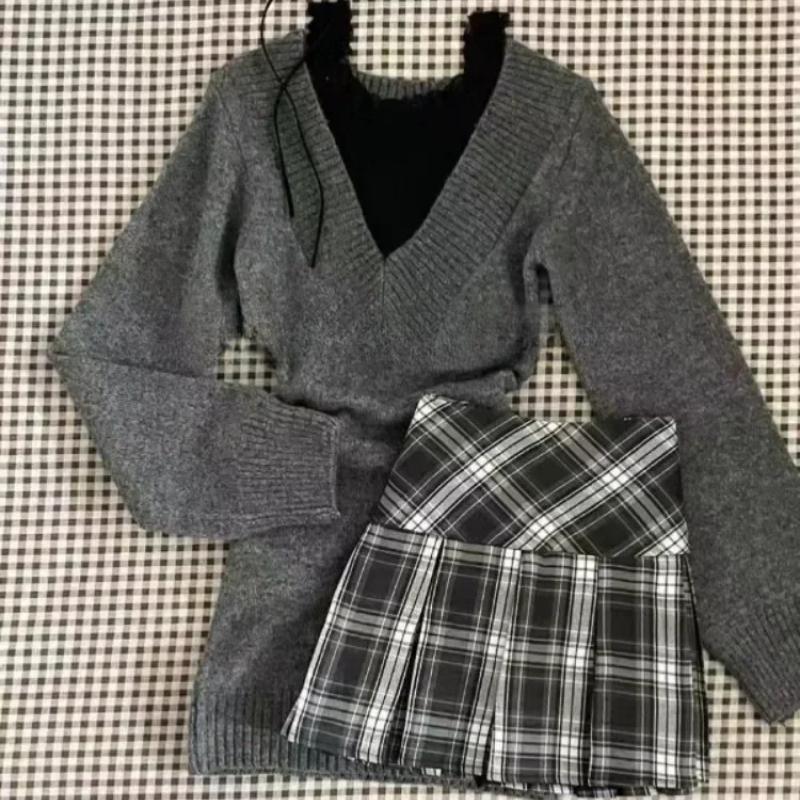 

Осень-зима женские костюмы из 3 предметов с V-образным вырезом, французский винтажный свитер с длинными рукавами, пуловеры, кружевной жилет, юбка JK Y2k, комплект уличной одежды S чёрный/серый