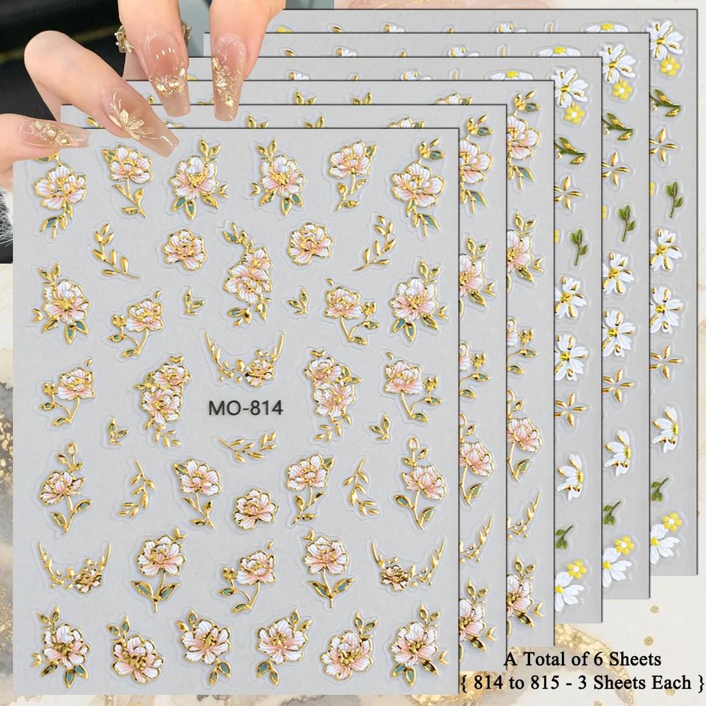 3 To 15 Sheets 5D Embossed Gold Outline Flower Nail Stickers Rose Daisy Spring Blossom Self-Adhesive Floral Decals