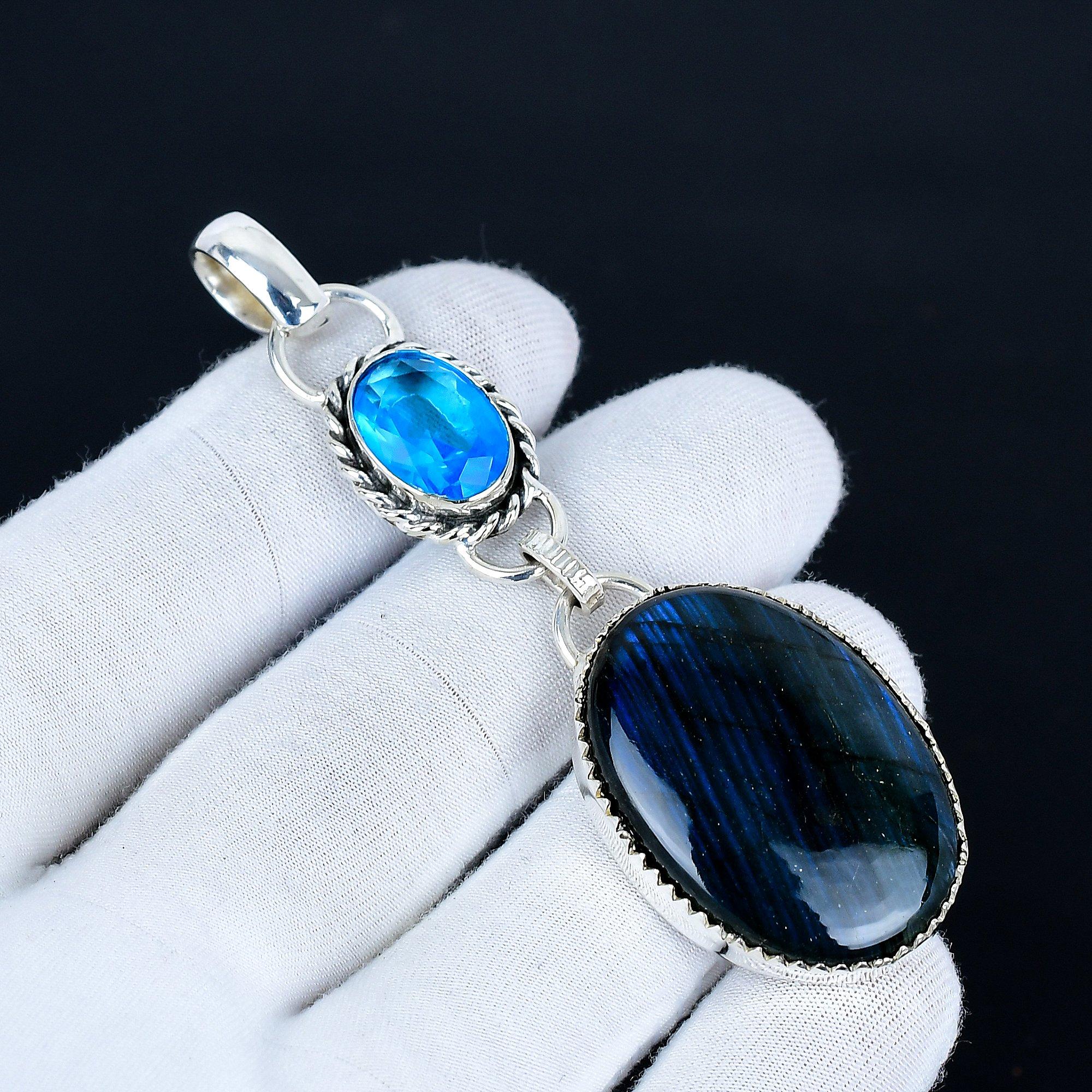 

Labradorite Pendant, 925 Sterling Silver Handmade Jewelry, Blue Topaz Silver Pendant, Party Wear Jewelry For Women s, Pendant Engagement Gift 8 Cm