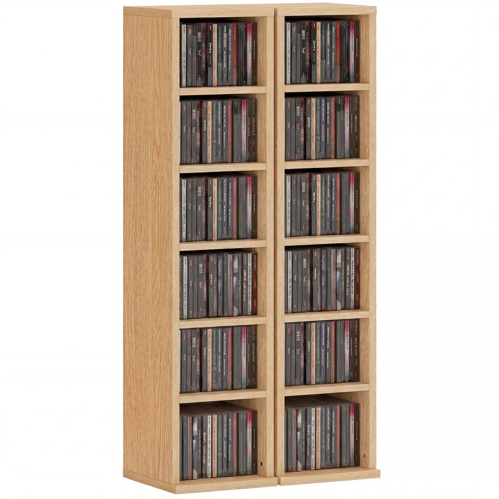 Set Of 2 CD Media Display Shelf Unit Tower Rack With Adjustable Shelves Natural