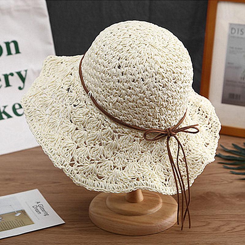 Handmade Crochet Straw Hat Women's Foldable Versatile Bow Travel Vacation Visor Beach Big Eaves Hat Summer