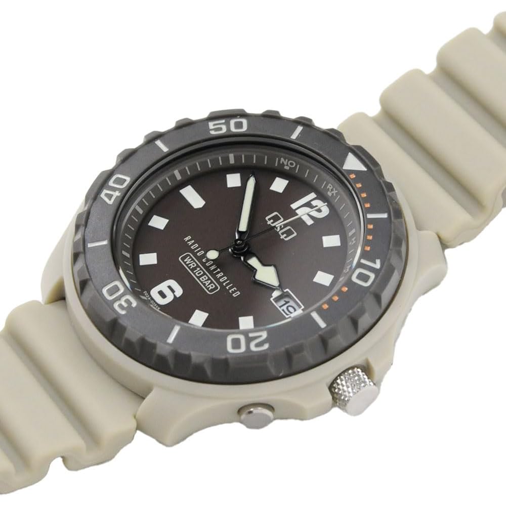 Citizen Q&Q Analog Solar Radio-Controlled Watch Waterproof Date Men's Beige with Urethane Band