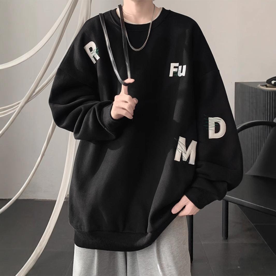 Crew Neck Sweater Mens Autumn and Winter Fleece Thickened Mens Autumn Top Updated Coat XXL чёрный