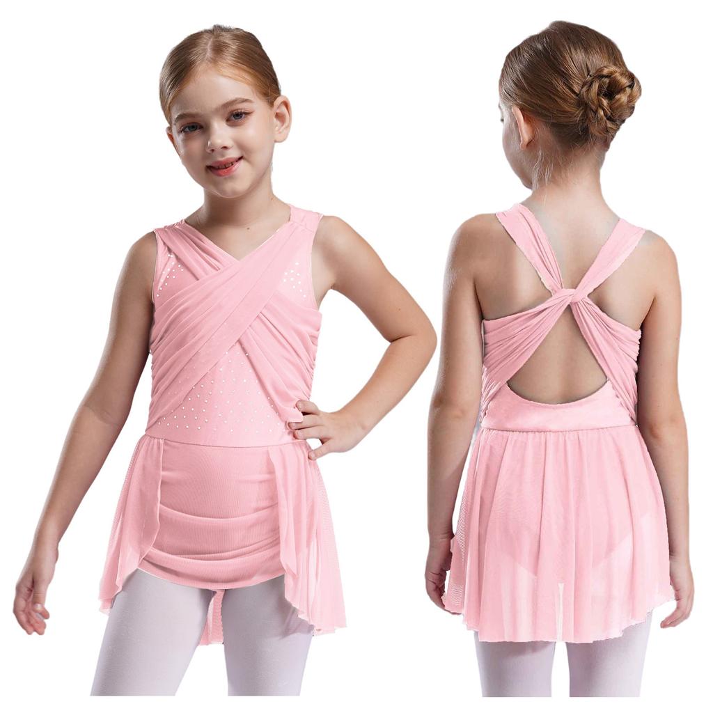 Girls Figure Skating Dress, Lyrical Dance Costume with Mesh Overlay, Cutout Back, Shiny Rhinestones & Irregular Hem