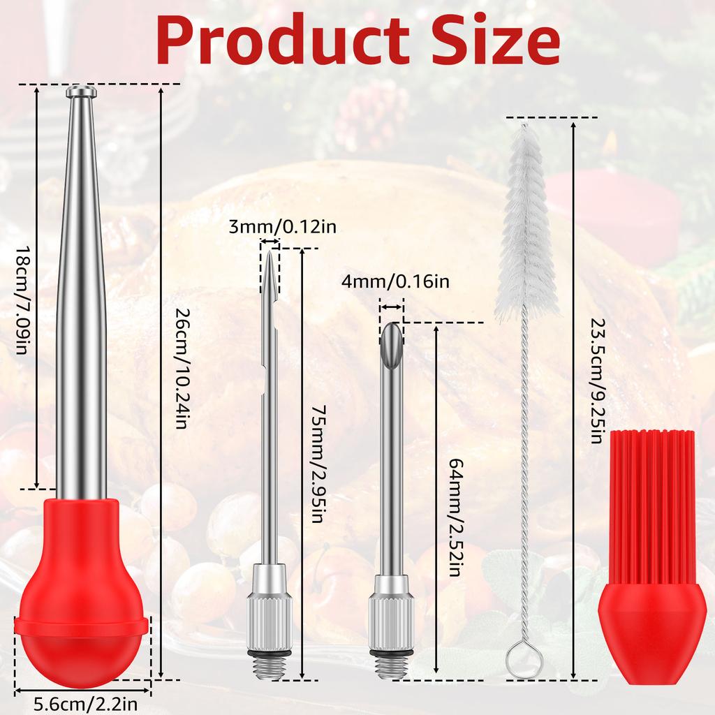 Turkey Baster Stainless Steel Turkey Baster Syringe with Cleaning Brush Meat Marinade Injector with 2 Needles and Detachable