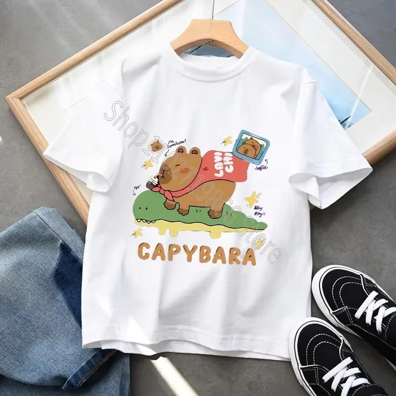 Capybara Cartoon Character Print Tops Cool Comfortable Shirts Birthday Party Gifts Boys Girls Cotton T-shirt Cute Short Sleeves