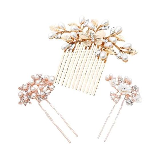 Hair Accessories Pearl Pins Kanzashi 3-Piece Set Gold Luxurious Pearl Design Elegant High-Quality Handmade Alloy Faux Pearl Rhinestone
