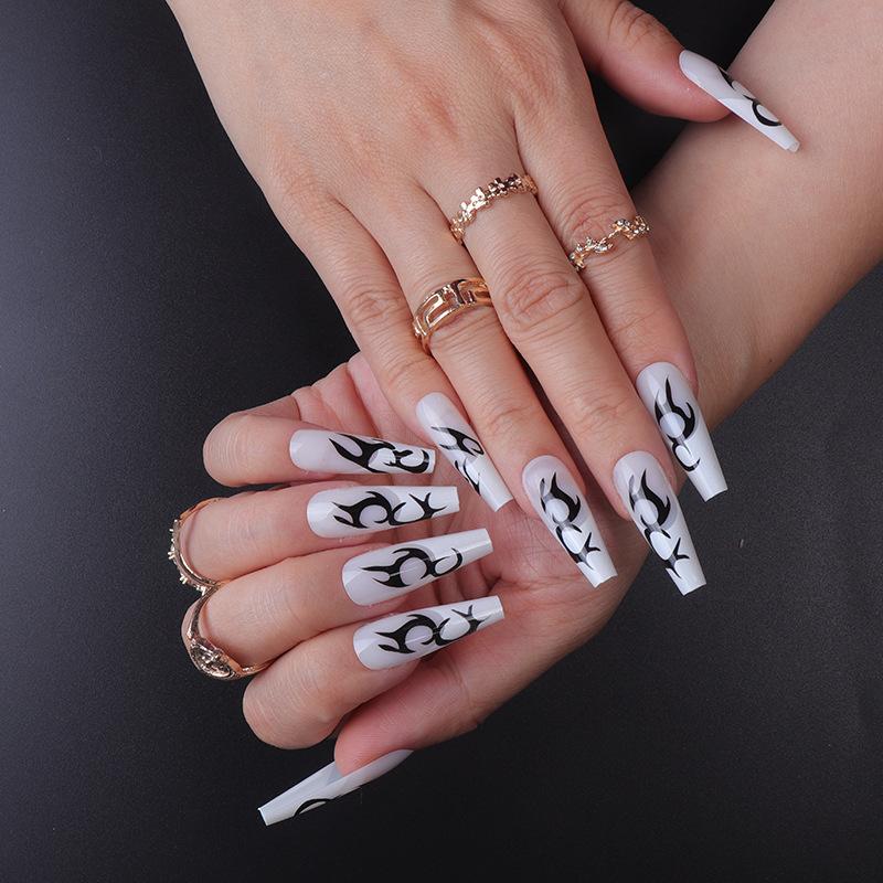 24Pcs Marble Gradient Long Coffin False Nails Detachable Wearable Gold Foil Ballerina Fake Nails Full Cover Nail Tips Press Glue
