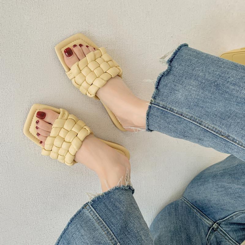 Sheepskin Version of Marshmallow Square Head Leather Woven Slippers for Women Wearing New Flat Bottom One Word Lazy Cool Slippers for Summer Women