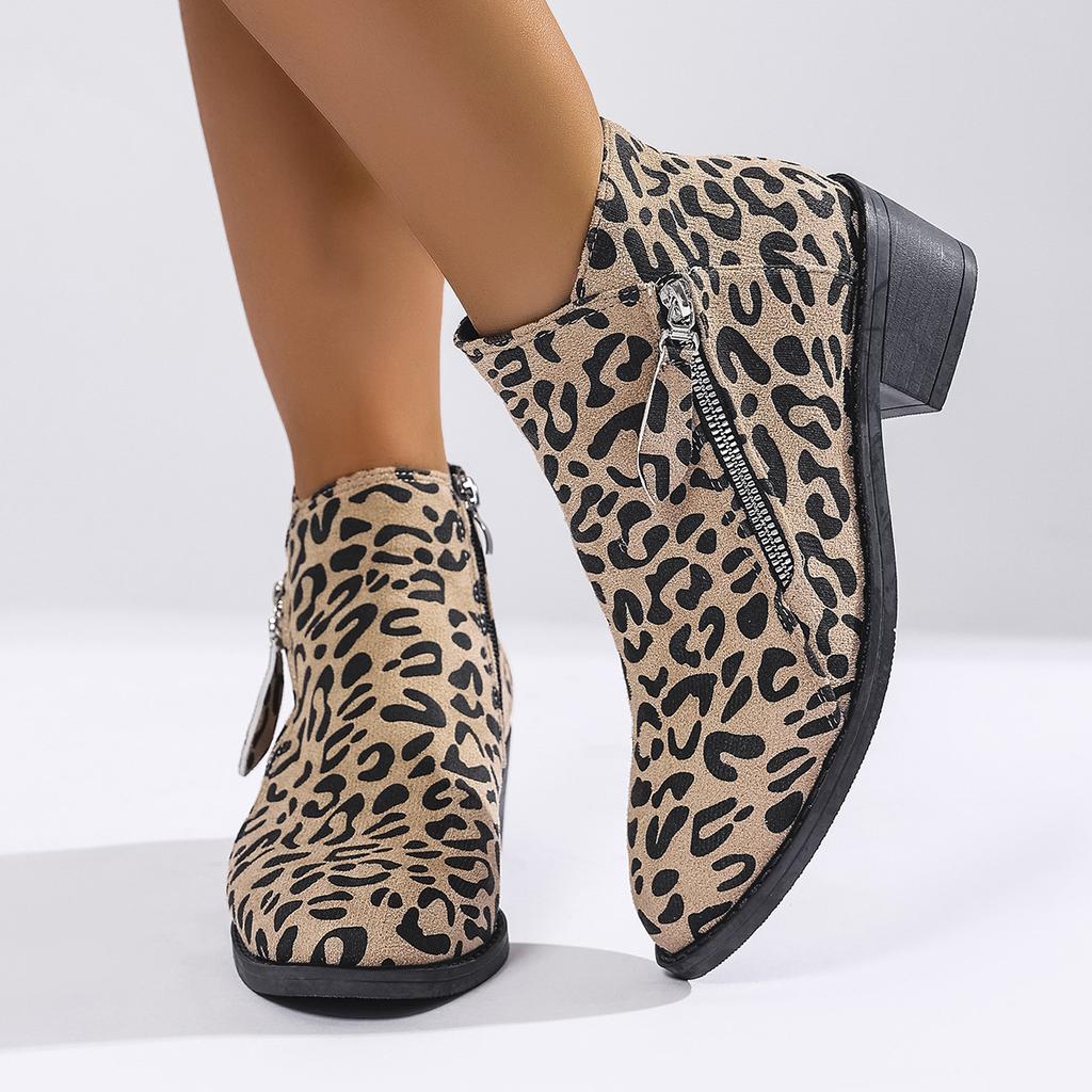 2025 Herbst neue spitze Leopardenmuster mittelhohe Stiefeletten Übergröße seitlicher Reißverschluss dicker Absatz europäisch-amerikanische Chelsea Boots Damen