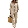 Women's Casual V-neck Ruffle Top & Pants Set with Seven-Sleeve Design