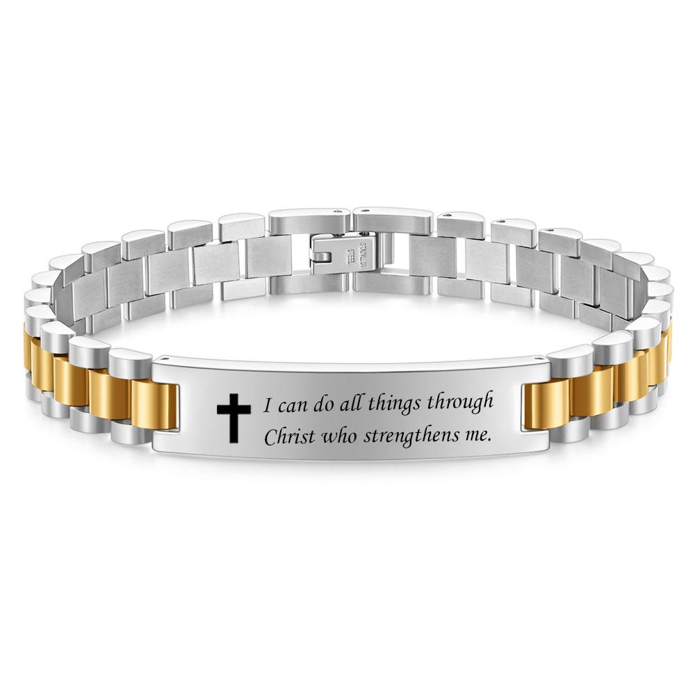 10MM Engraved Cross Bracelet, Men's Stainless Steel Scripture Curved Plate Bracelet