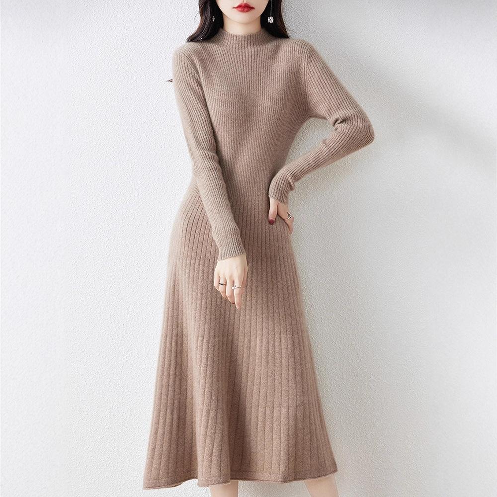 Slimming Mid-length Dress for Women Half Turtleneck Knitted Dress Solid Color A-line Sweater Dress for Autumn and Winter