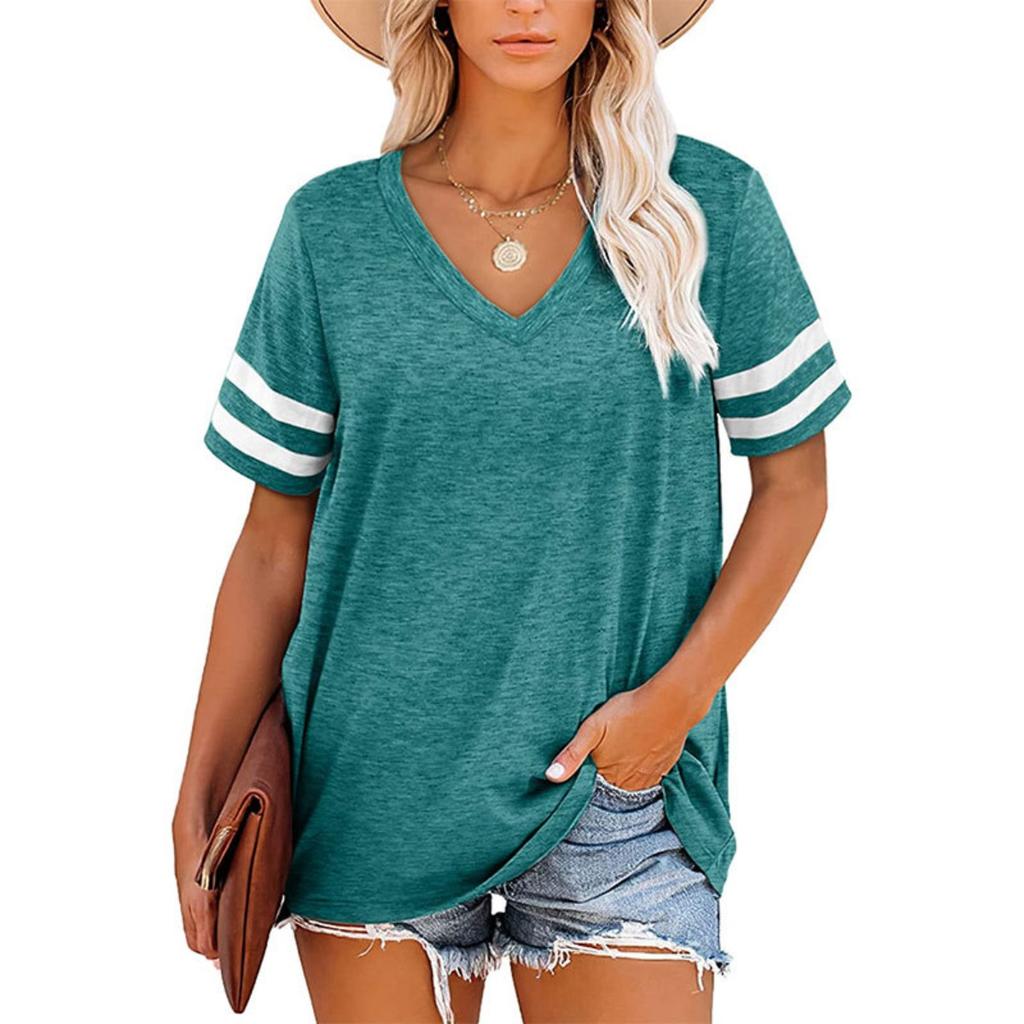 Sommer Neues Damen locker V-Ausschnitt gestreiftes Kurzarm-T-Shirt, lässiges Oberteil für Damen, grenzüberschreitende Kleidung