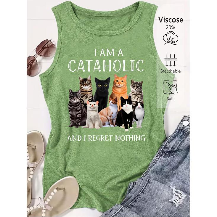 2026 Trendy I AM A CATAHOLIC Cat Print Women Sleeveless Vest High Quality Casual Summer Tank Top S трава зеленый